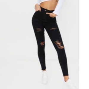 pretty little thing black high waisted ripped jeans Uk size 12